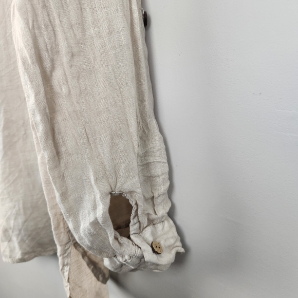 Italian Made Mandarin Collar V Neck Linen Roll Tab Sleeve Top XL - Picture 5 of 6